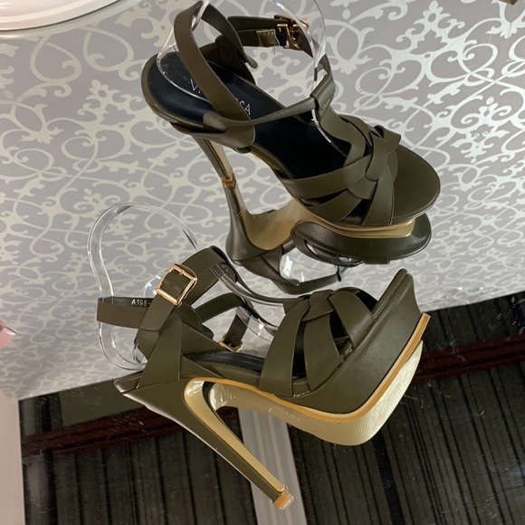 Open Toe Stiletto Platform Sandals knot detail in Green Faux Leather - Picture 2 of 7